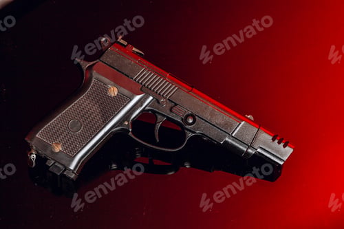 Preview: Black handgun on black background with reflection