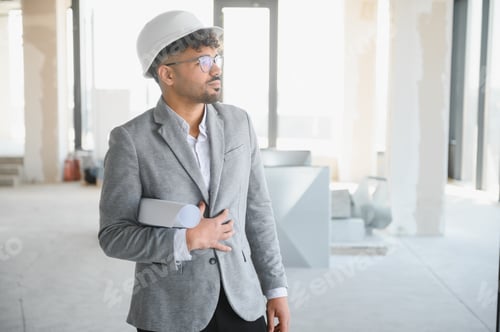 Preview: Arab architect inspecting building under construction, holding blueprints and wearing hard hat