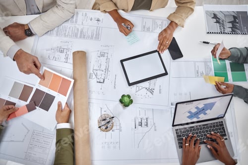 Preview: Architect, hands and blueprint design in meeting above for planning, strategy or architecture on of