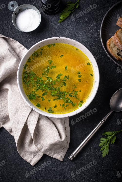 Preview: Chicken broth with parsley, healthy food