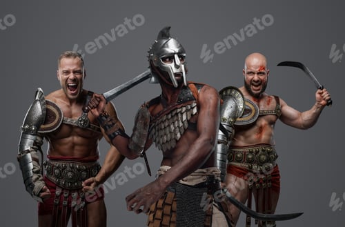 Preview: Three ancient gladiators with light armors and swords