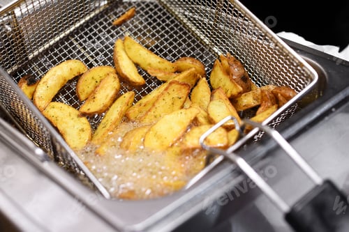 Preview: Spicy potato chips or wedges in a deep fryer