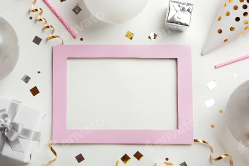 Preview: Flat lay composition with party accessories and space for text on light background