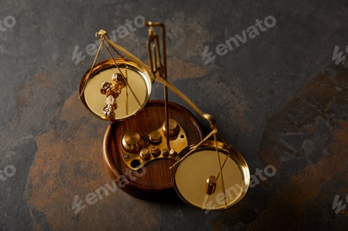 Preview: golden stones on scales on grey and brown marble table