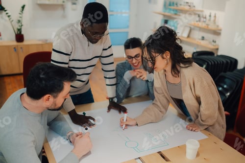 Preview: Diverse team drawing app prototype on whiteboard during brainstorming session