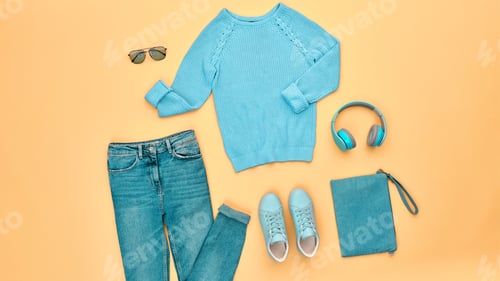 Preview: Fall fashion glamor accessories minimal. Autumn hipster DJ clothes outfit falling on pastel backgrou