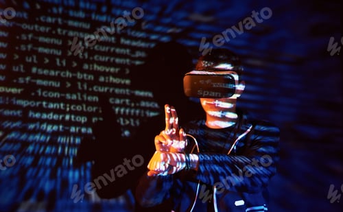 Preview: Cyber attack with unrecognizable hooded hacker using virtual reality, digital glitch effect