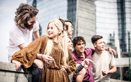Preview: Group of friends laughing out loud outdoor, sharing good and positive mood.