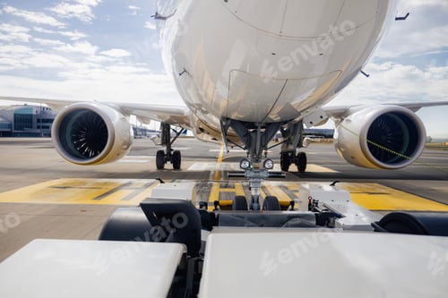 Preview: View from pushback tug towing passenger airplane away from airport terminal to taxiway