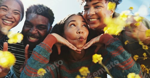 Preview: People, friends and funny face with flowers field for summer adventure, portrait and nature in coun
