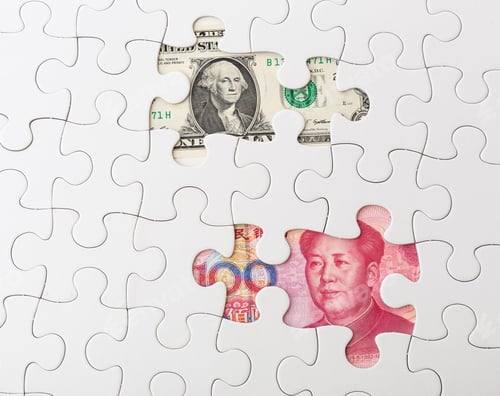 Preview: White puzzle with American dollar and chinese yuan