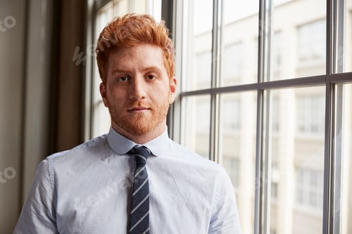 Preview: Young red haired bearded businessman looking to camera