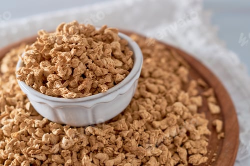 Preview: Raw soya chunks, soy meat for vegans in wooden board