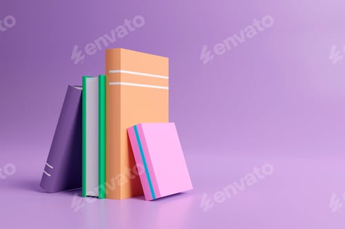 Preview: Online education, E-learning concept. stack of books, bookshelf. 3d render