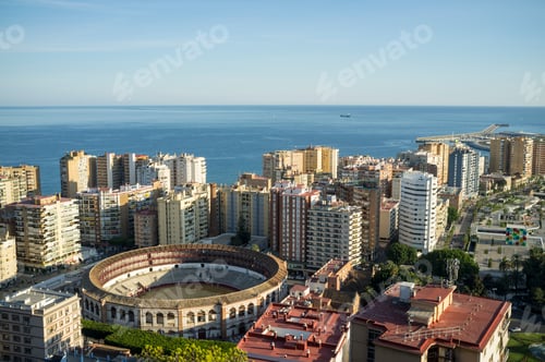 Preview: High angle view of bullring and skyscrapers, Malaga, Spain