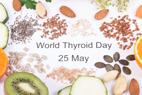 Preview: Nutritious ingredients and inscription World Thyroid Day 25 May. Healthy food containing vitamins