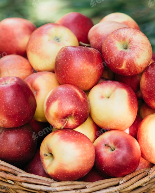 Preview: Apple harvest. Ripe red apples in the basket on the green grass.