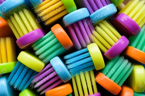 Preview: Bunch of different colored toothbrushes bristle.