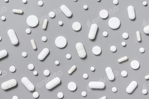 Preview: Mix of white medical capsules and pills on grey top view. Taking medicines for illness