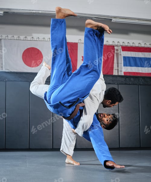 Preview: Health, fitness and motivation, men in karate fight for a winner in a dojo. Martial arts, a learnin