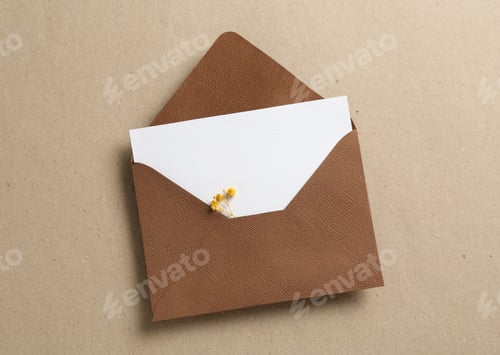 Preview: Blank invitation card with flowers and envelope on carton, top view