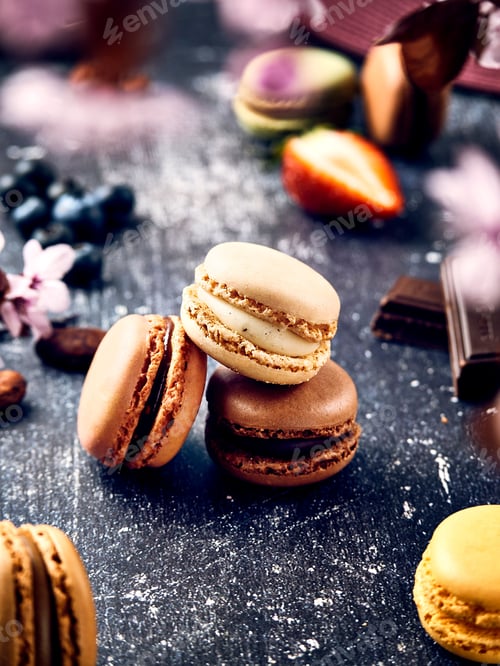 Preview: Close-up of assorted macarons shallow depth of field with a cup of coffee in the background