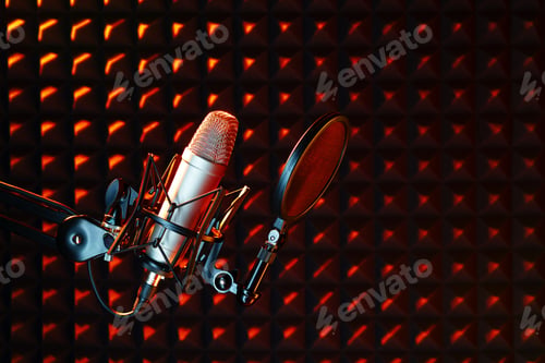 Preview: Professional studio microphone against acoustic foam panel background in neon light