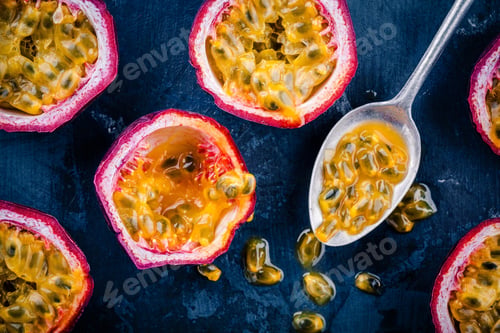Preview: ripe organic passion fruit. above view