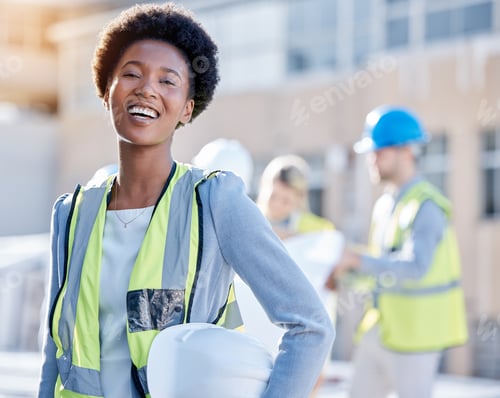 Preview: Construction worker, black woman portrait or engineering contractor for career mindset, industry an