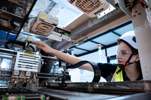 Preview: A woman in a yellow and black safety vest is working on a machine