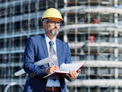 Preview: senior businessman architect helmet construction site building architecture