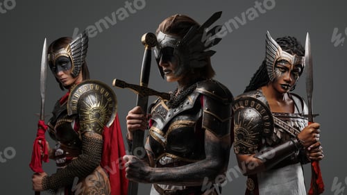 Preview: Three amazons dressed in steel armors against grey background