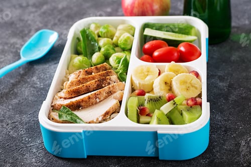 Preview: Healthy green meal prep containers with chicken fillet, rice, brussels sprouts, vegetables