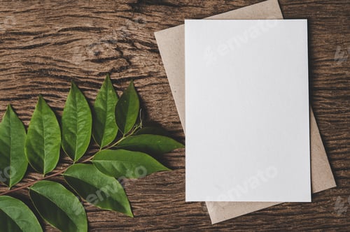 Preview: A blank card is placed on envelope and leaf with wood background
