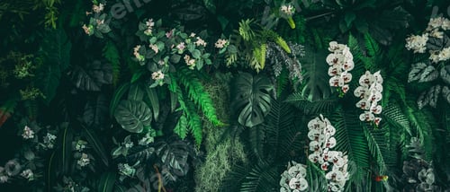 Preview: Close up group of background tropical green leaves texture and abstract background.