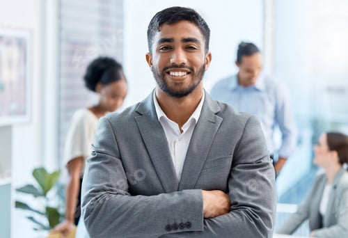 Preview: Coaching, motivation and happy business leader in meeting with diverse colleagues in an office. Por