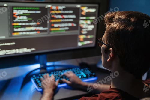 Preview: Back view of man coding for cyber security, programming and working from home at pc screen