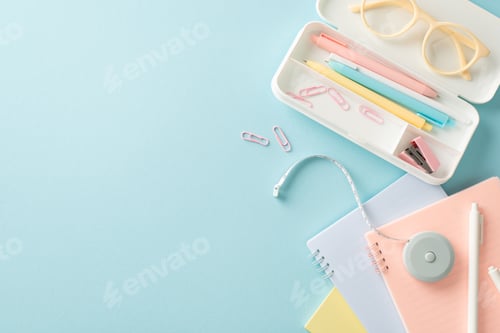 Preview: Essential stationery for academic success showcased in this top-view photo featuring notepads, pens