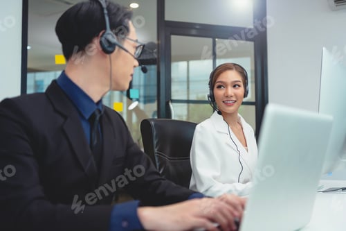 Preview: call center agent team, customer service support wearing headset or headphone talking with customer
