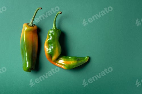 Preview: Ugly bell pepper on green background. Concept of zero waste production. Top view. Copy space. Non