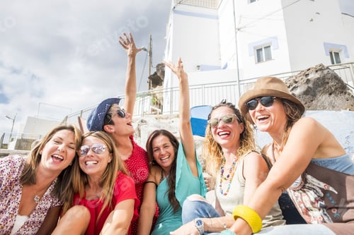 Preview: nice group of beautiful women young friends stay outdoor celebrating