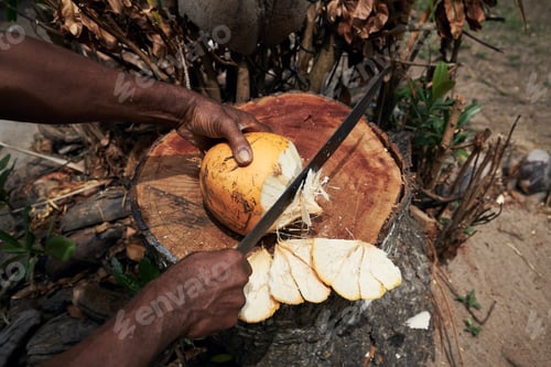 Preview: Man cuttiing coconut by machete