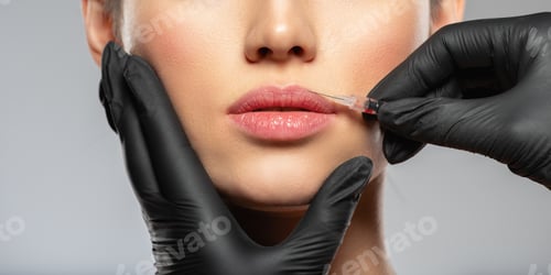 Preview: Caucasian woman getting botox cosmetic injection in the lips. Woman gets botox injection in her face