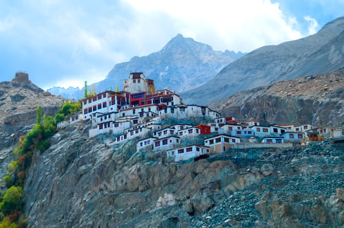Preview: Buddhist stupa and Buddhist monastery in mountains of Ladakh, India.