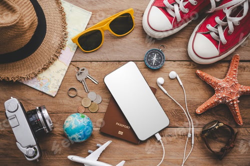 Preview: Travel accessories costumes. The cost of travel maps prepared for the trip.travel planning concept