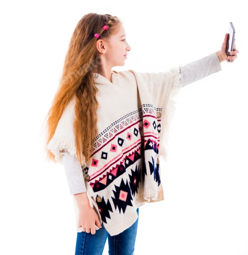 Preview: Girl in Poncho Taking Selfie on White Background