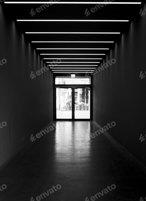 Preview: Vertical shot of a hallway with a glass door in the distance in grayscale