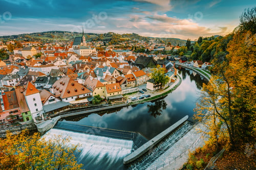 Preview: Cityscape Of Cesky Krumlov, Czech Republic. Autumn Evening At Su
