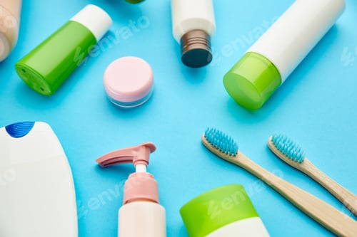 Preview: Oral and skin care products, blue background