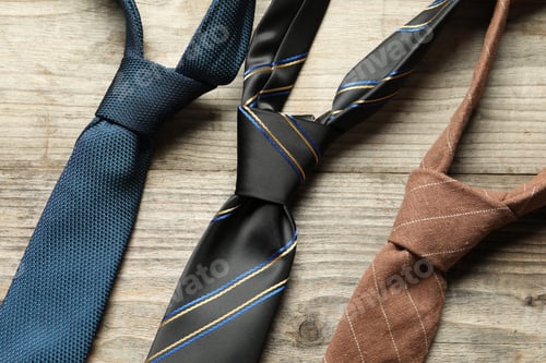 Preview: Different neckties on light wooden table, flat lay